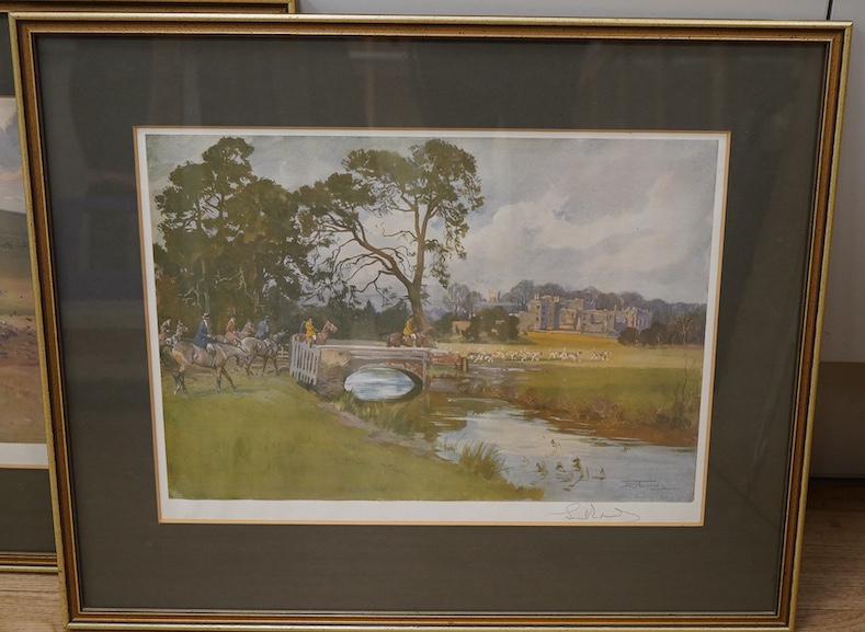 After Lionel Dalhousie Edwards (1878-1966), comprising 'Exercising on the Newmarket Downs’ and ‘The Berkeley Hunt’, each signed in pencil, labels verso, pair of coloured racing prints, 26 x 36cm